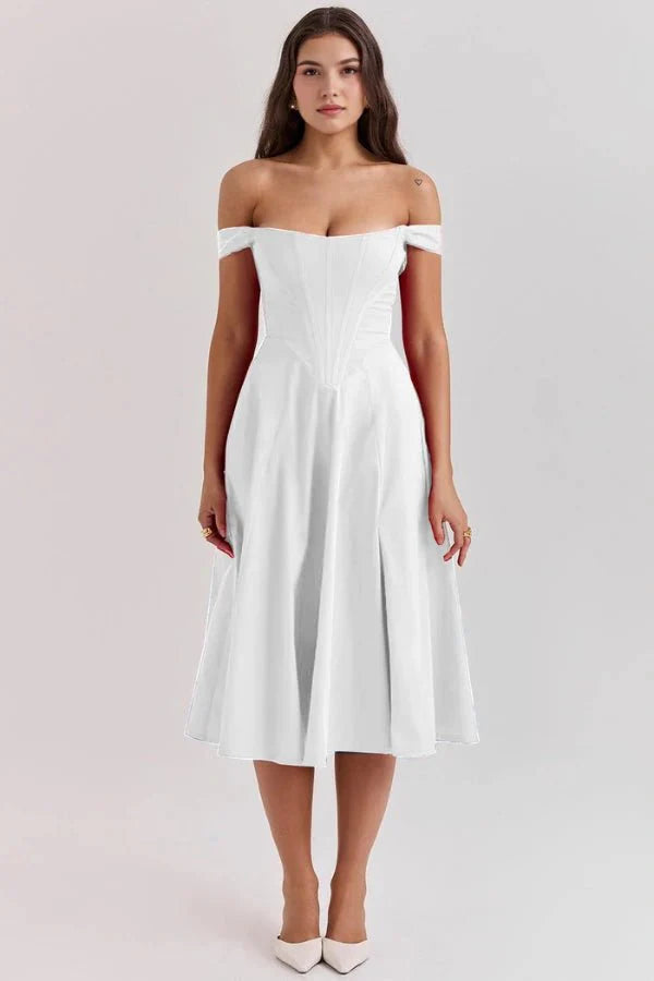 Women's Off Shoulder Sweetheart A-Line Midi Dress with Slit Wedding Guest