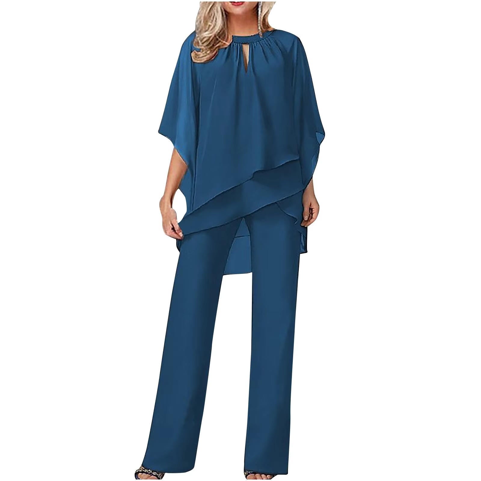 Women's Blue Chiffon Pantsuit | Elegant Formal Festive Two-Piece Suit