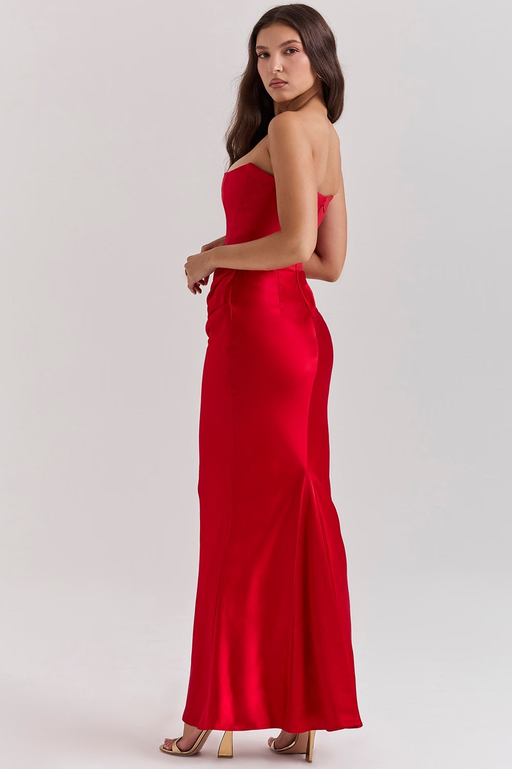 Women's Brown Strapless Ruched Fitted Maxi Evening Dress Wedding Guest