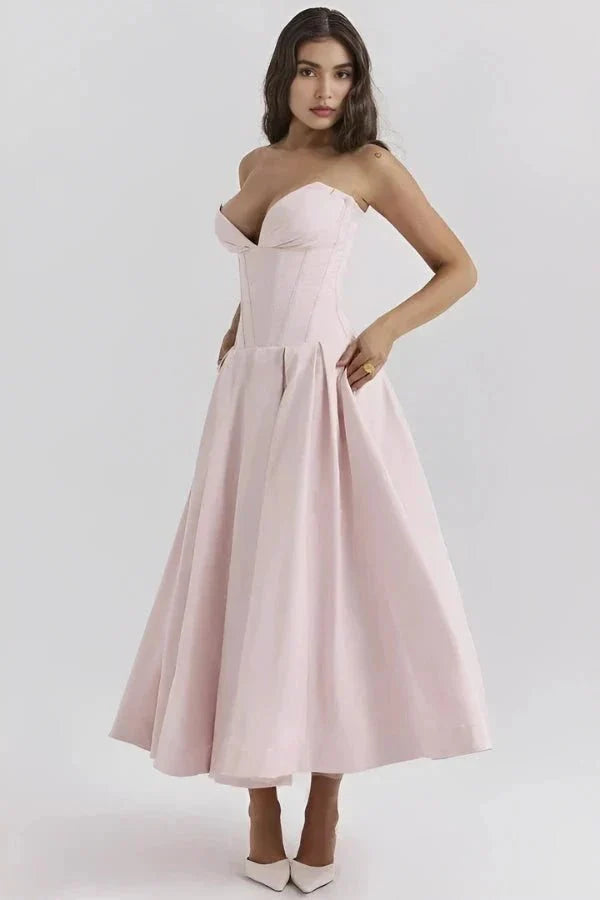 Women's Deep V-Neck Corset Bodice Full A-Line Midi Dress Cocktail Party Formal