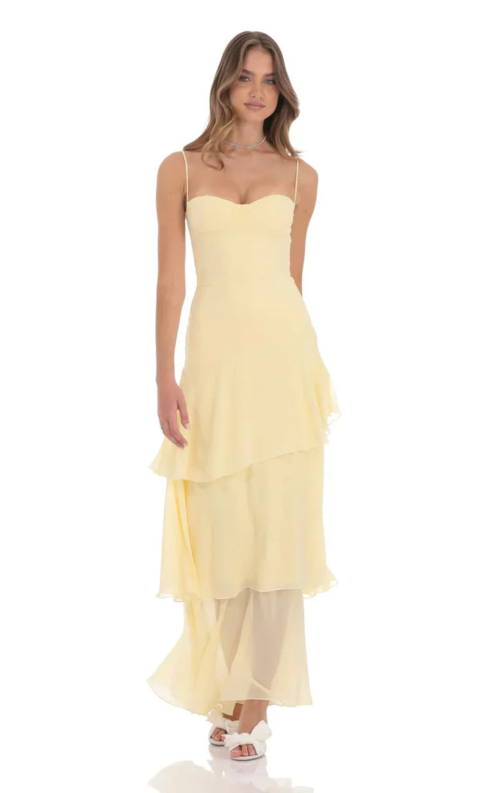 Women's Yellow Spaghetti Strap Sweetheart Neck Layered Chiffon Maxi Dr