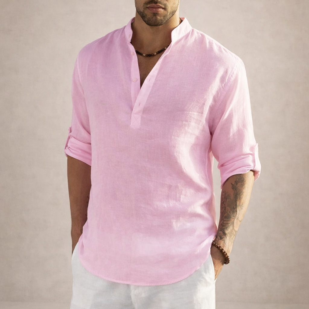 Men's Regular Fit Linen Shirt | Stand Collar Breathable Long Sleeve Top