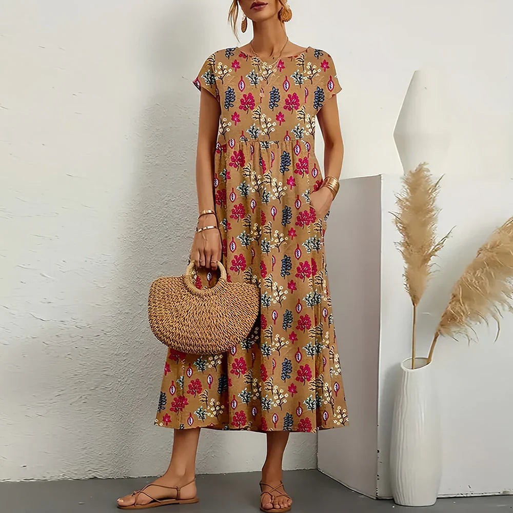 Women's Printed Round Neck Short Sleeve Tiered Midi Dress with Pockets Boho Casual