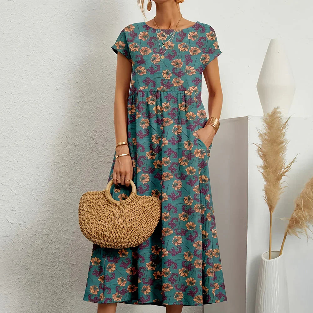 Women's Printed Round Neck Short Sleeve Tiered Midi Dress with Pockets Boho Casual