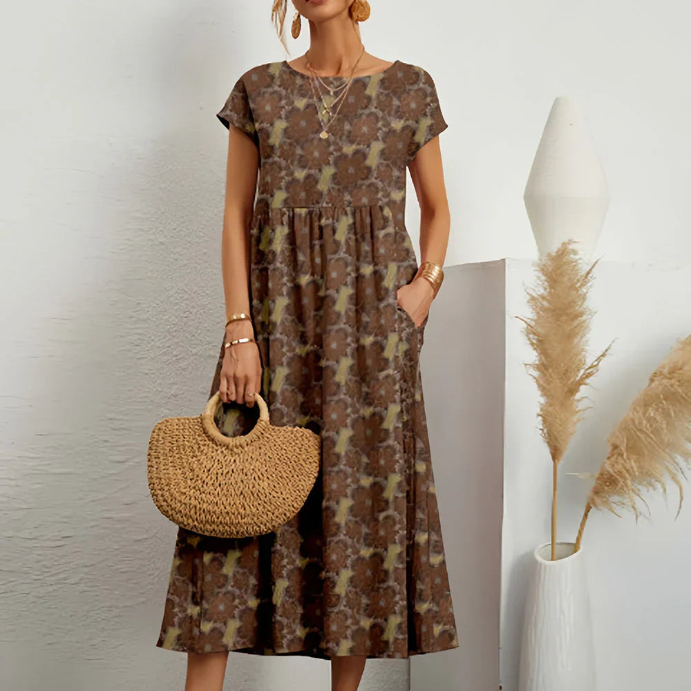 Women's Printed Round Neck Short Sleeve Tiered Midi Dress with Pockets Boho Casual