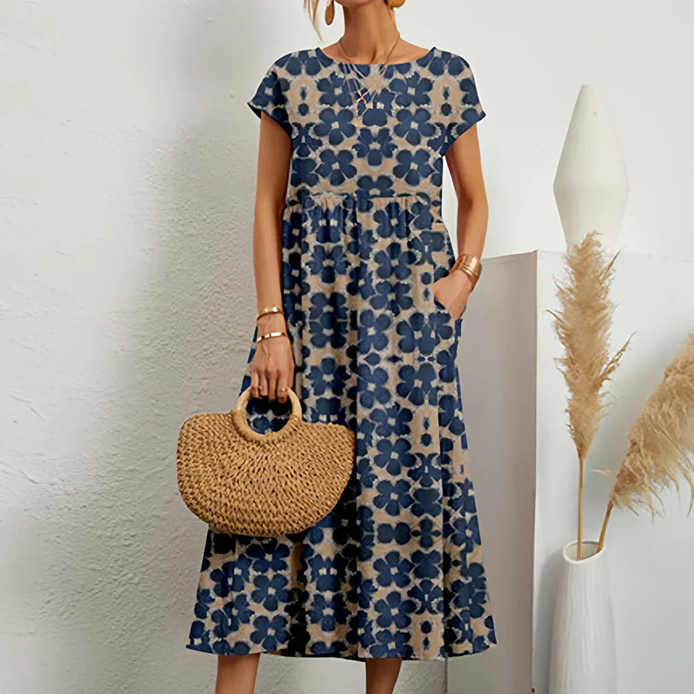 Women's Printed Round Neck Short Sleeve Tiered Midi Dress with Pockets Boho Casual