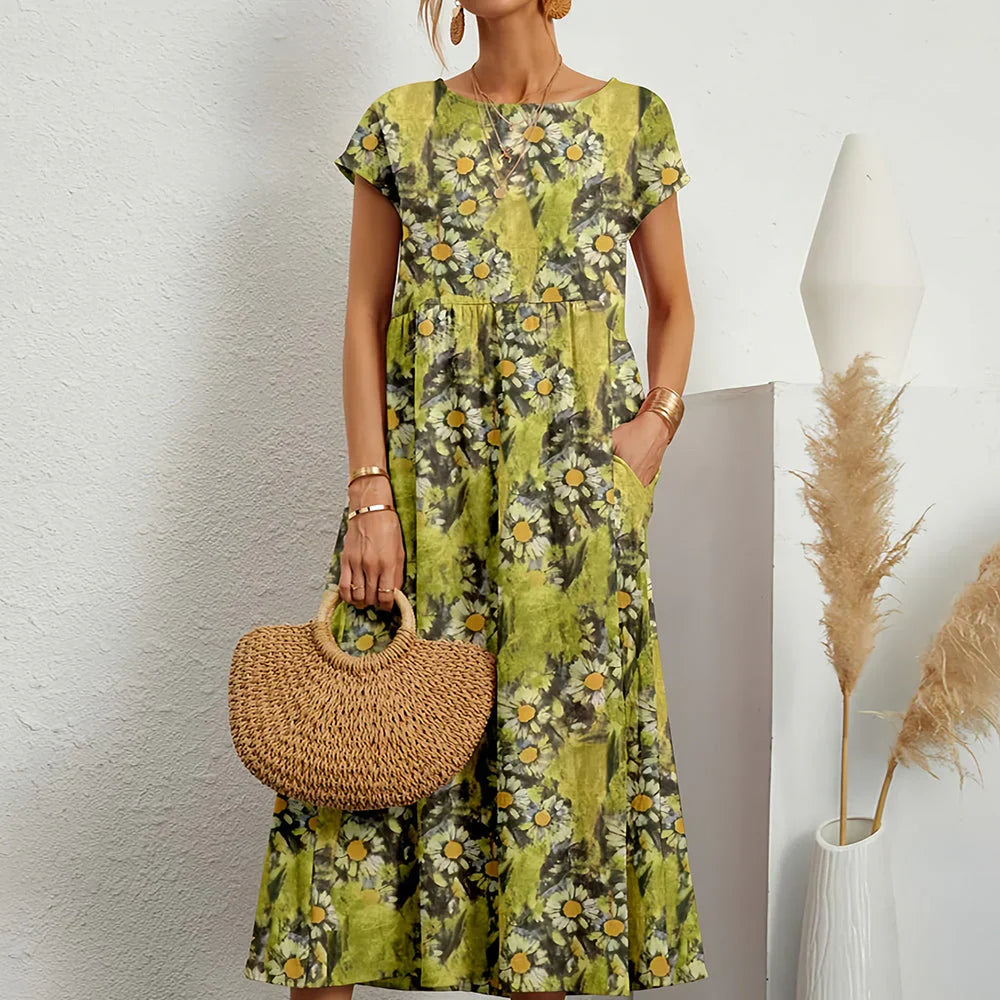 Women's Printed Round Neck Short Sleeve Tiered Midi Dress with Pockets Boho Casual