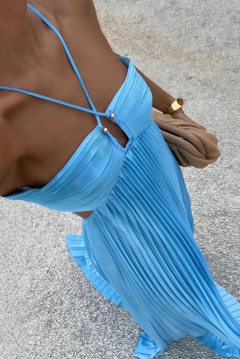 Women's Blue Halter Pleated Maxi Prom Dress