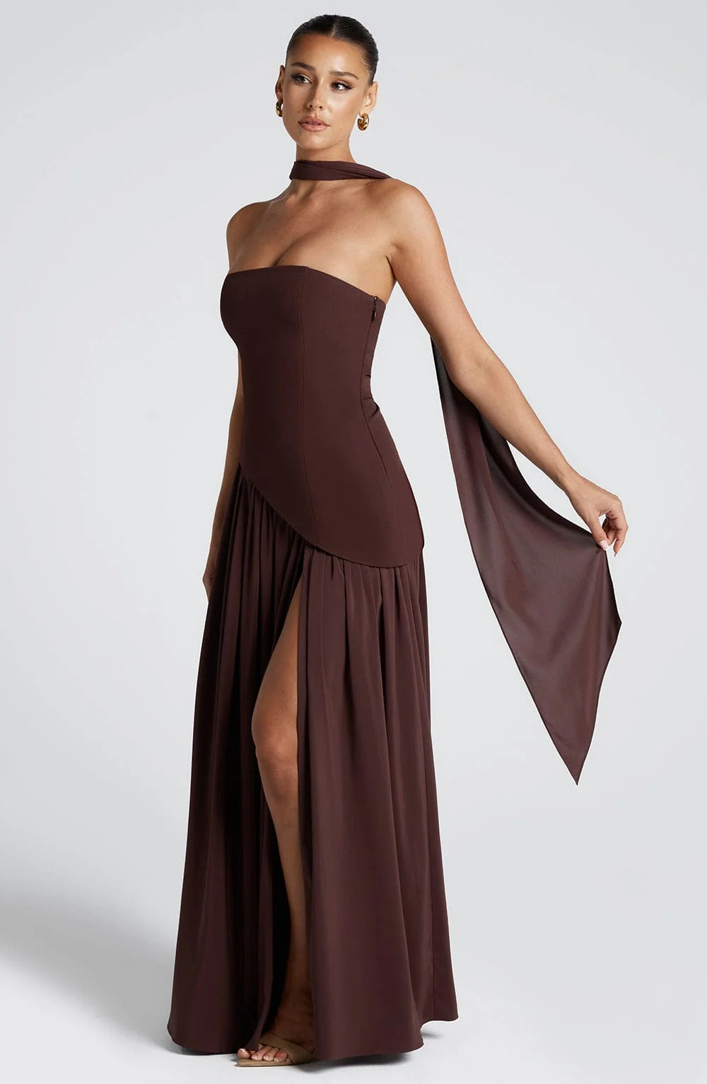 Women's Yellow Strapless Maxi Wedding Guest Dress with Scarf