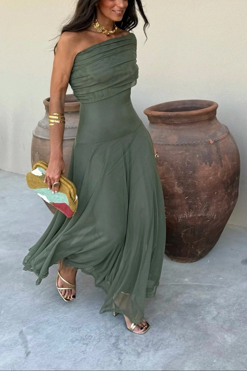 Women's Brown One-Shoulder Mesh Maxi Summer Dress