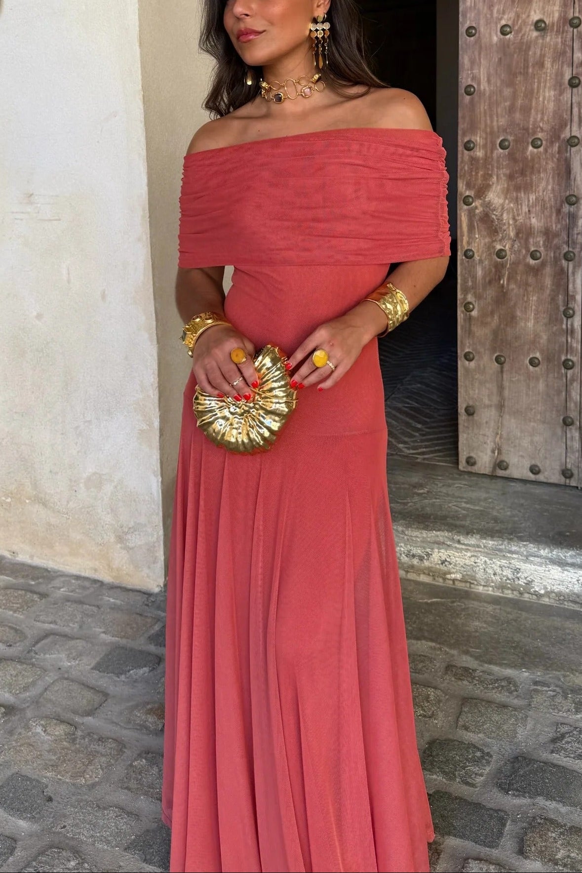 Women's Brown One-Shoulder Mesh Maxi Summer Dress