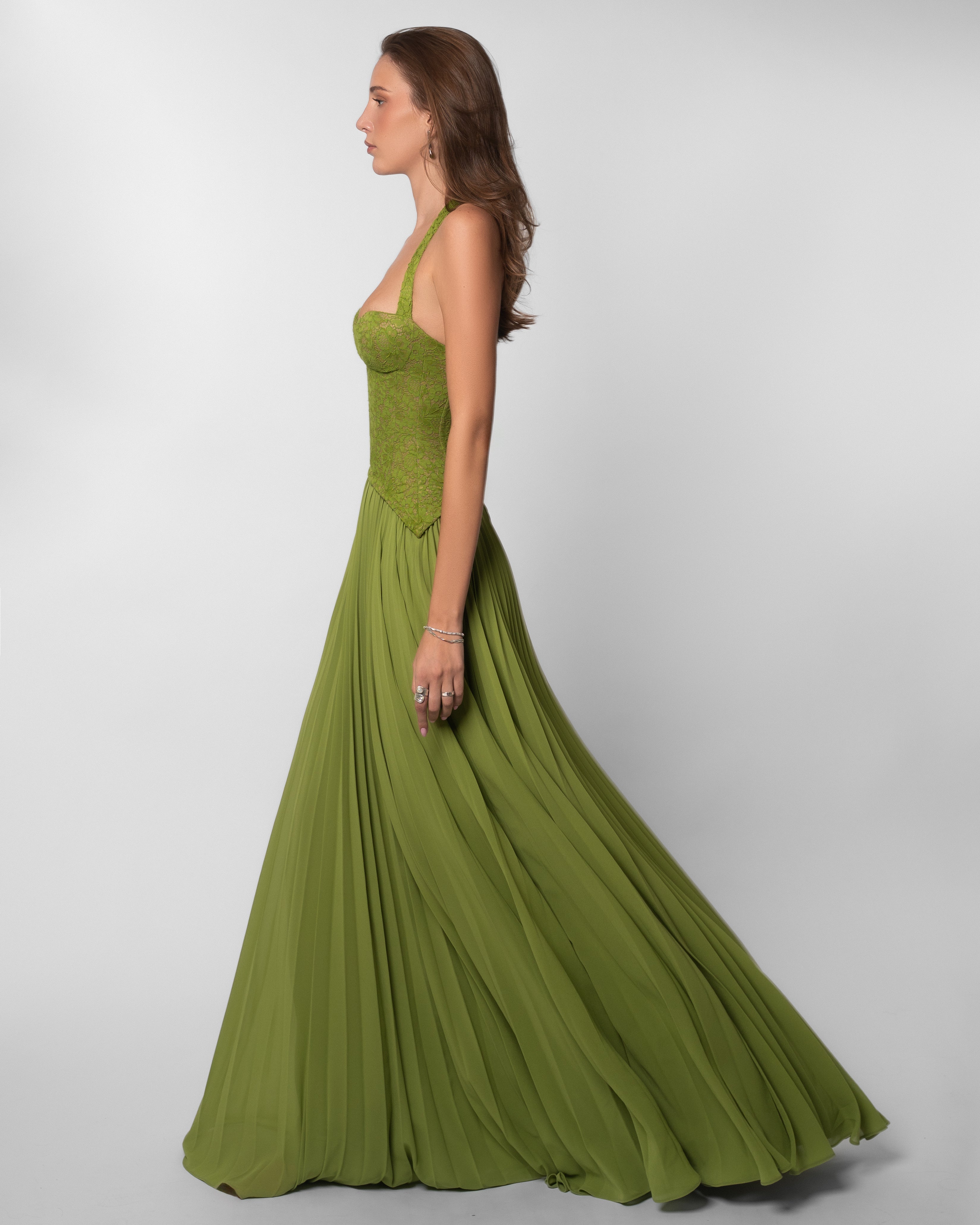 Women's Green Deep V-Neck Spaghetti Strap Ruched Bodice Flowy Maxi Evening Dress Wedding Guest