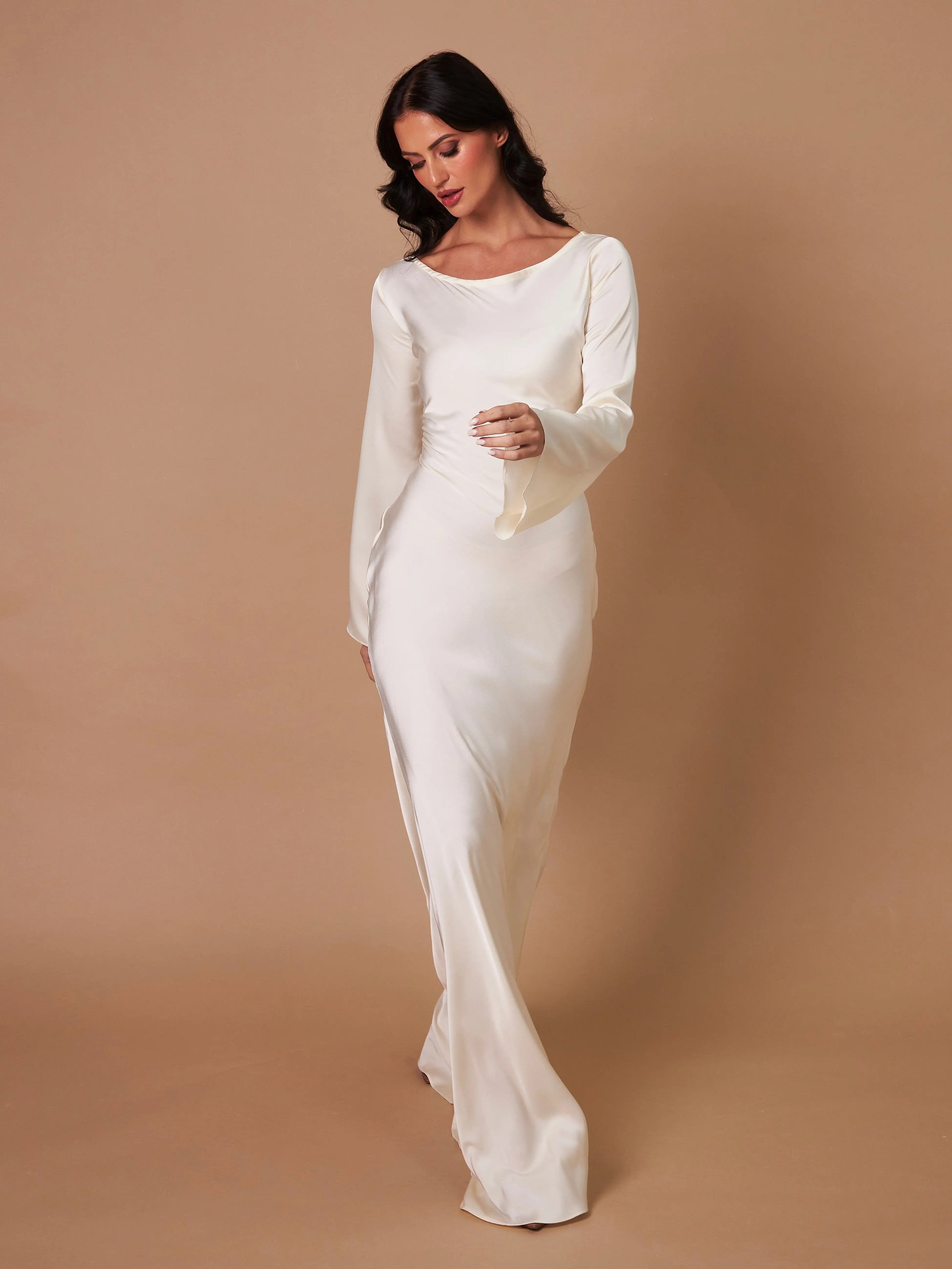 Women's Ivory Long Sleeve Maxi Dress | Casual Elegant Floor Length Everyday Dress