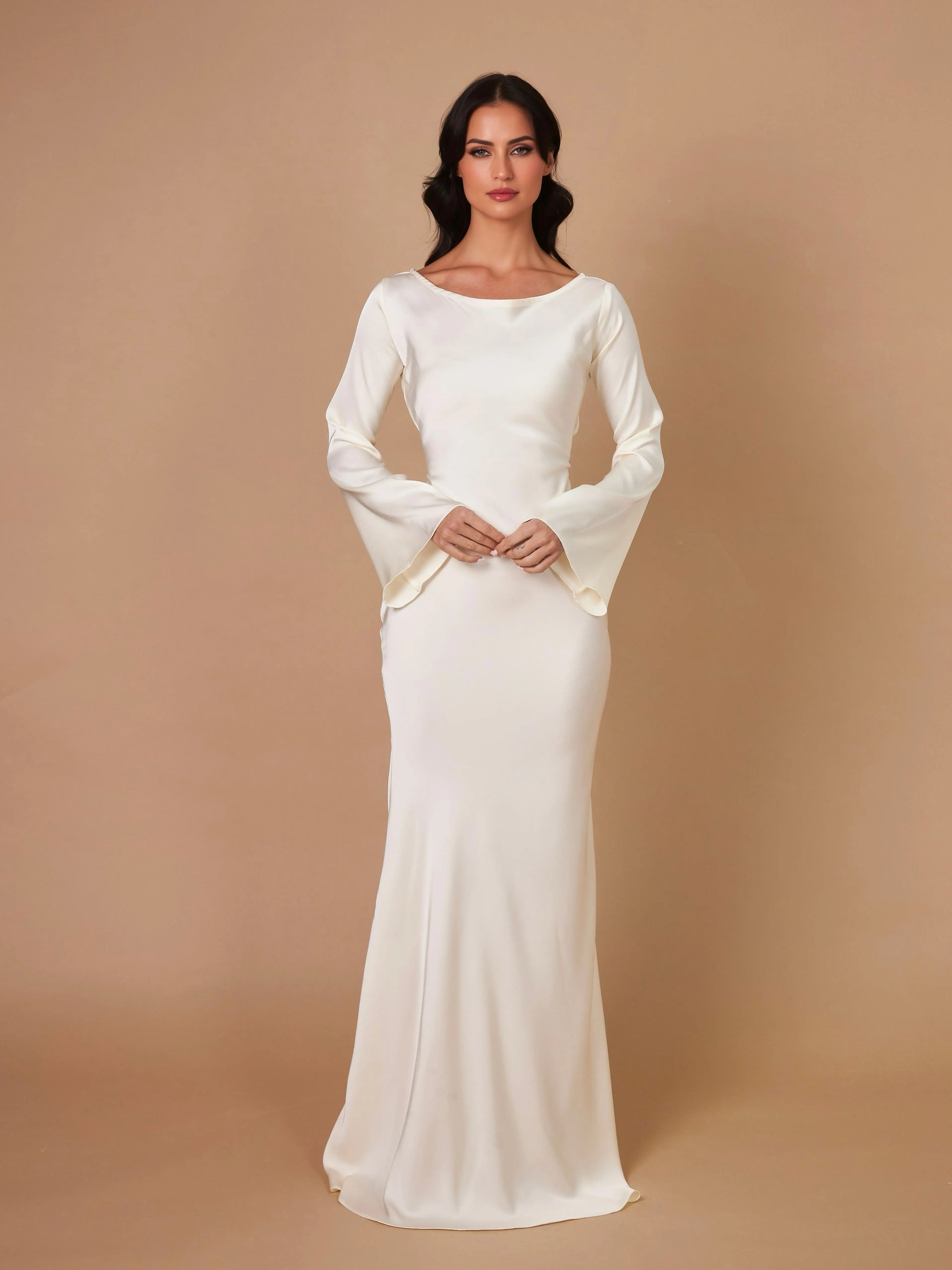 Women's Ivory Long Sleeve Maxi Dress | Casual Elegant Floor Length Everyday Dress