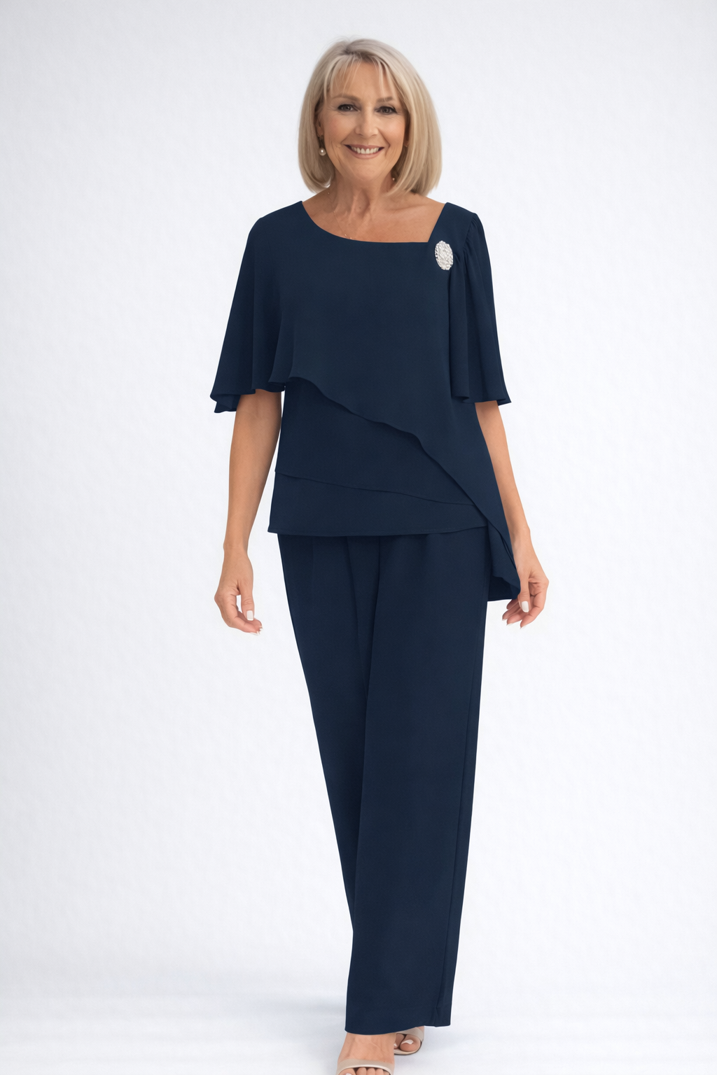 Women's Scoop Neck Short Sleeve Layered Chiffon Top and Wide Leg Pants Two-Piece Set Mother of the Bride