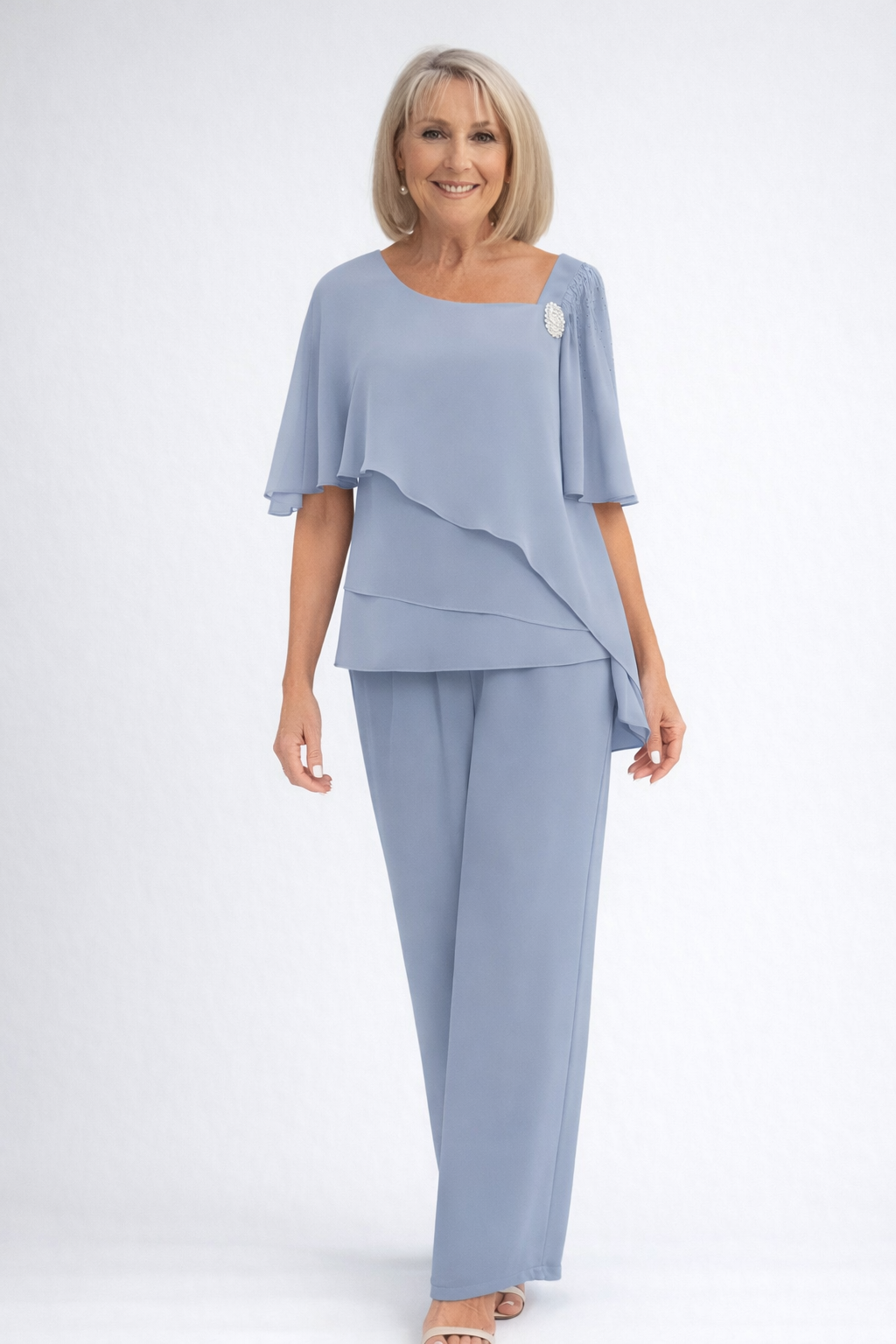 Women's Scoop Neck Short Sleeve Layered Chiffon Top and Wide Leg Pants Two-Piece Set Mother of the Bride