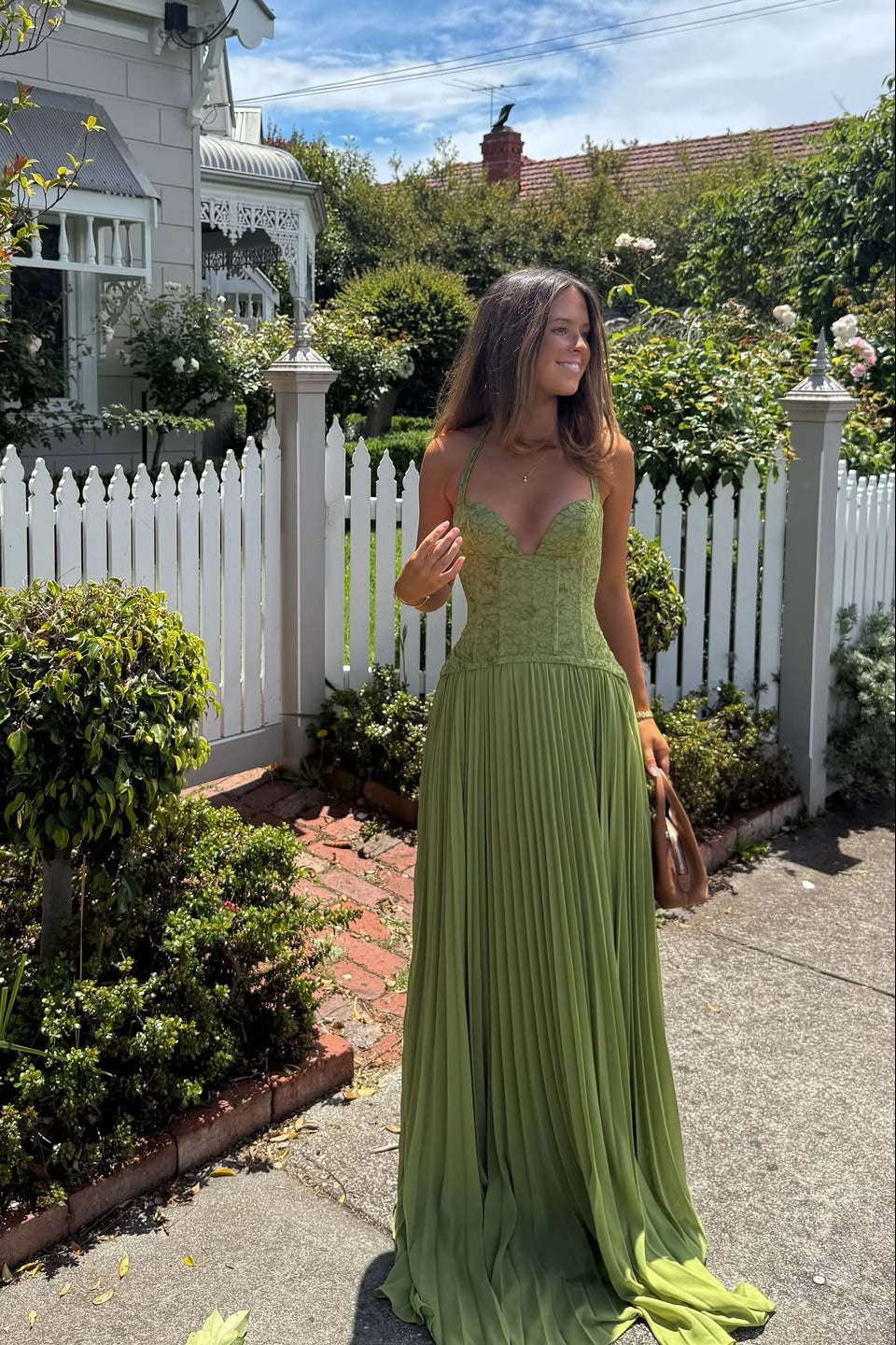 Women's Green Pleated Corset Maxi Wedding Guest Dress