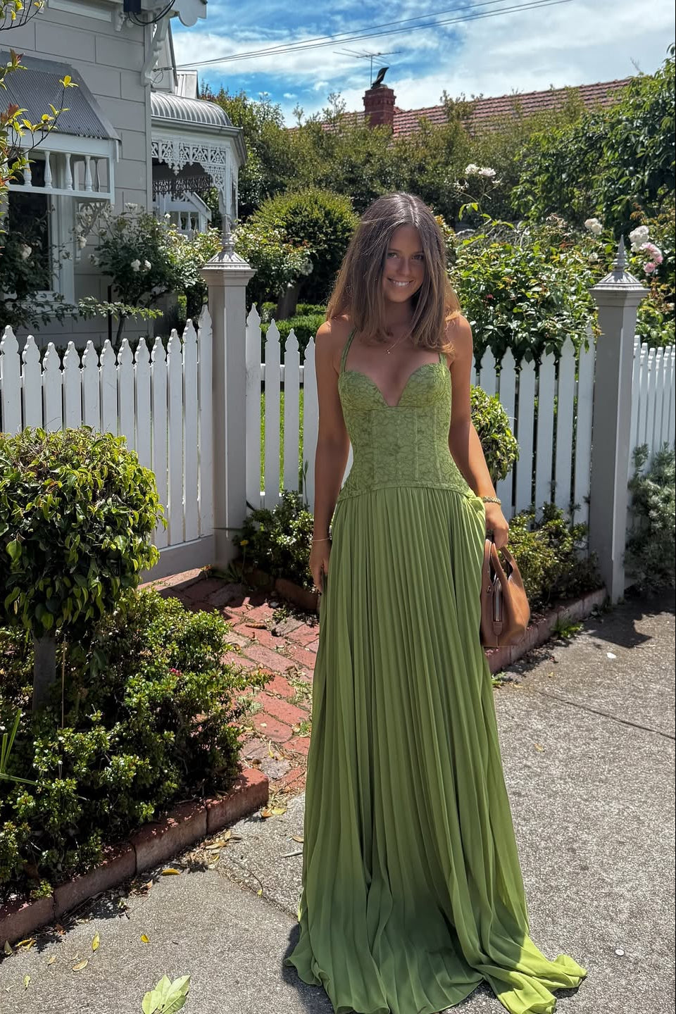 Women's Green Pleated Corset Maxi Wedding Guest Dress