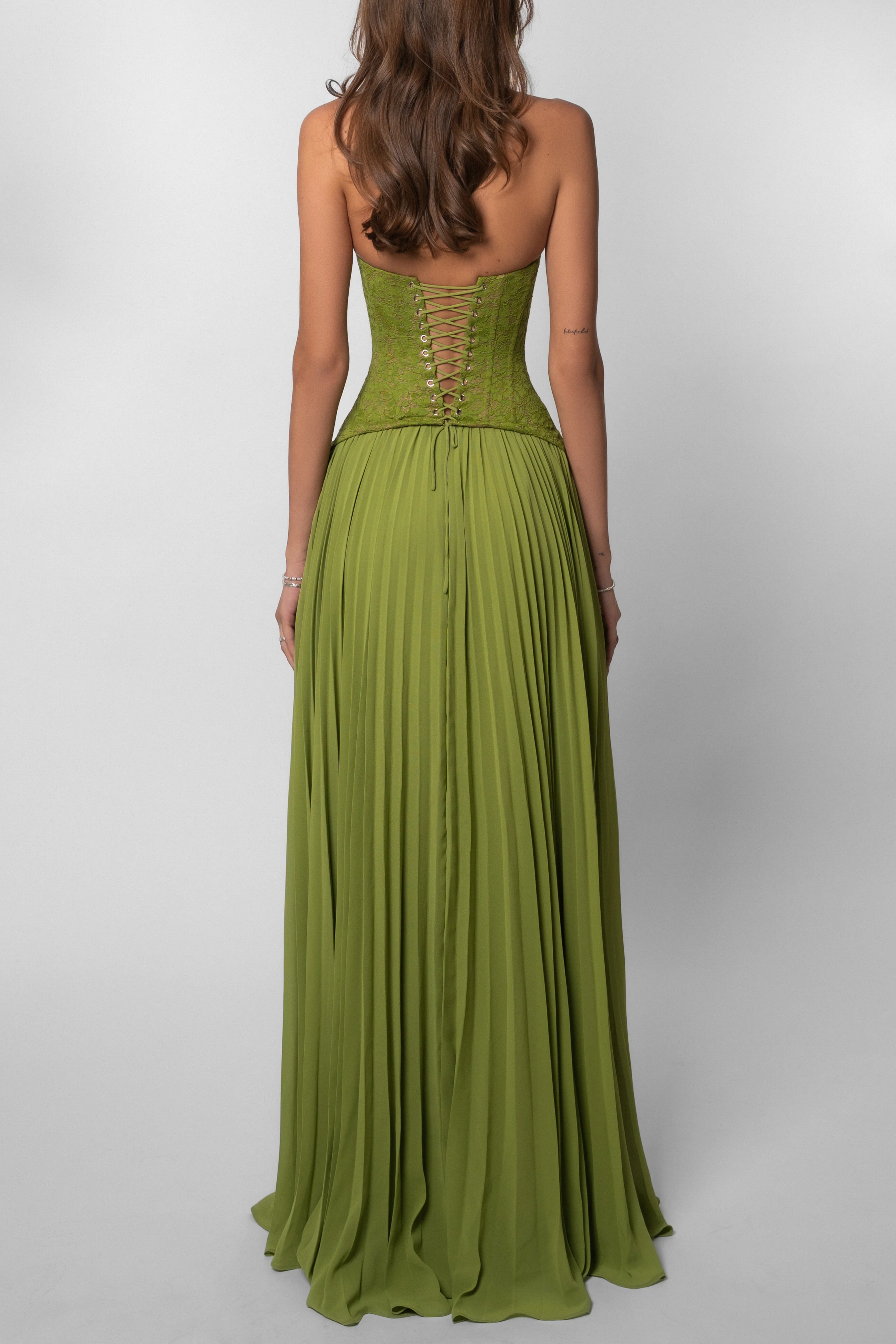 Women's Green Pleated Corset Maxi Wedding Guest Dress