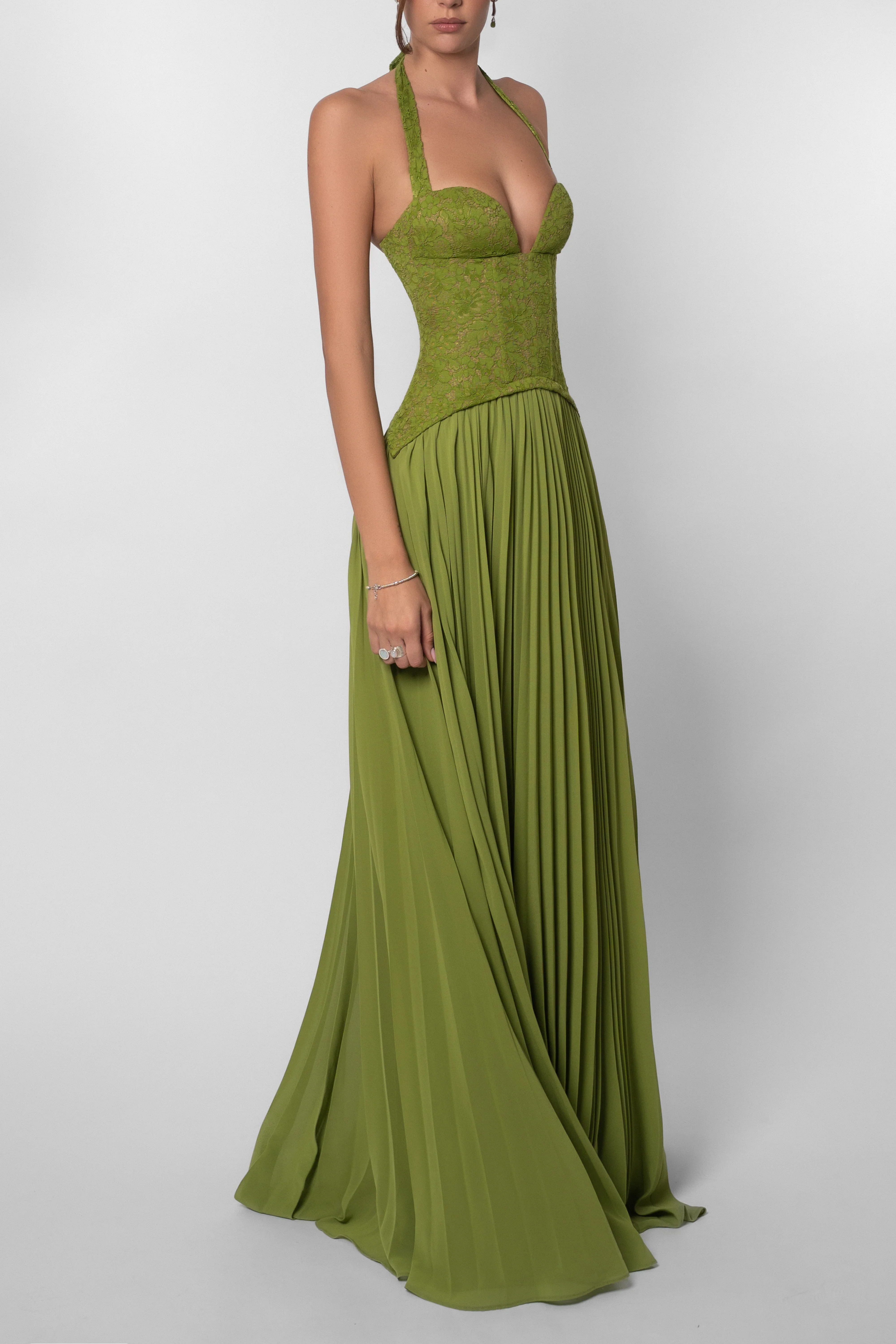 Women's Green Pleated Corset Maxi Wedding Guest Dress
