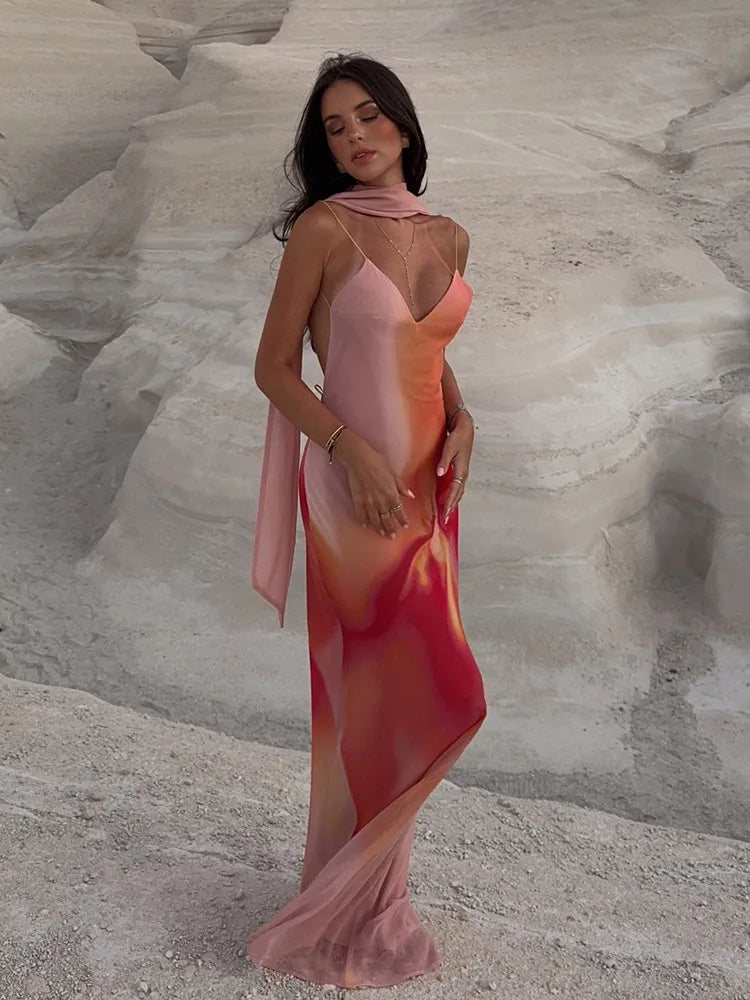Women's Open-Back Ombre Satin Maxi Dress | Spaghetti Strap Formal