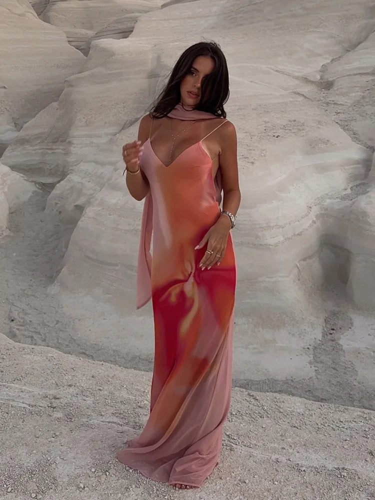 Women's Open-Back Ombre Satin Maxi Dress | Spaghetti Strap Formal