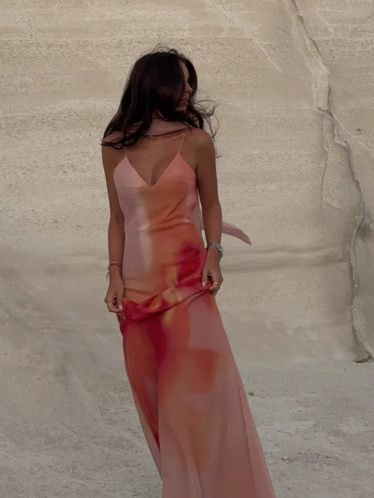 Women's Open-Back Ombre Satin Maxi Dress | Spaghetti Strap Formal