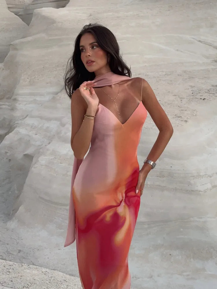 Women's Open-Back Ombre Satin Maxi Dress | Spaghetti Strap Formal
