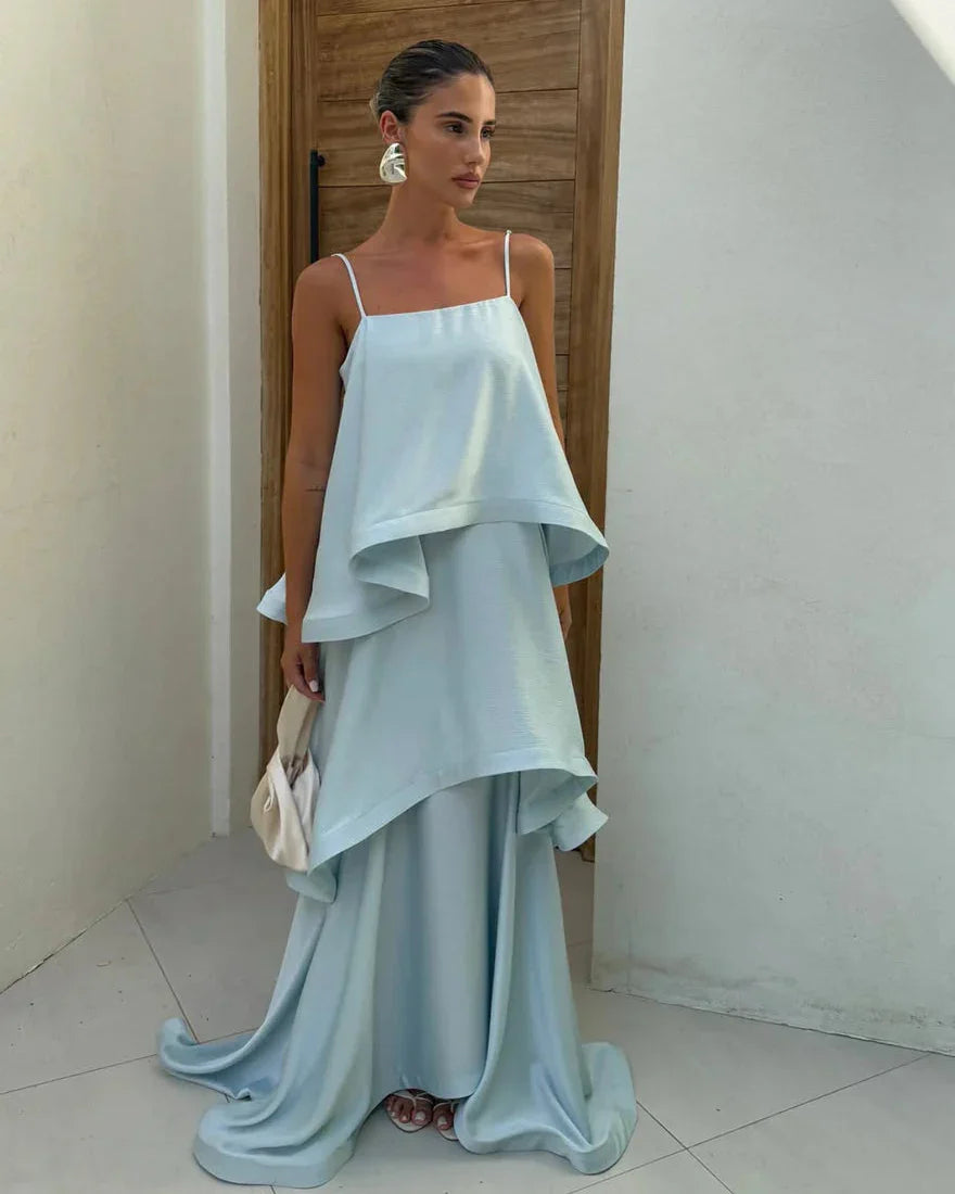 Women's Tiered Ruffle Satin Maxi Dress | Spaghetti Strap Wedding Guest