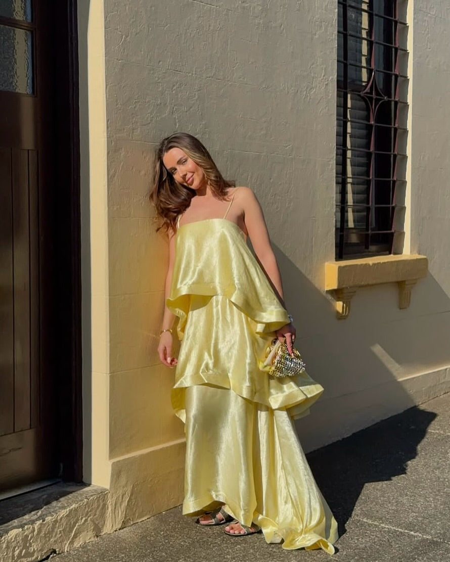 Women's Tiered Ruffle Satin Maxi Dress | Spaghetti Strap Wedding Guest