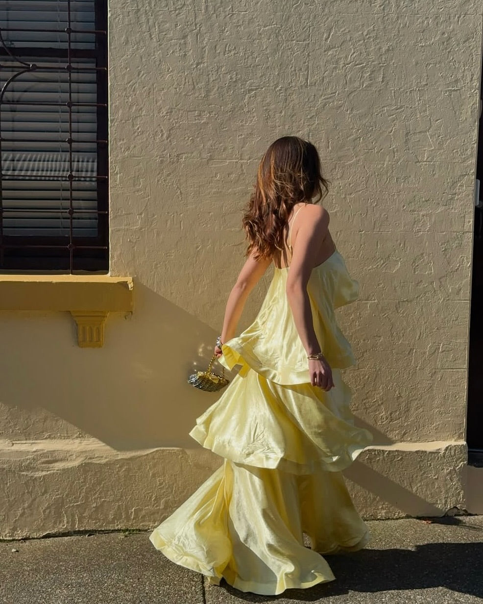 Women's Tiered Ruffle Satin Maxi Dress | Spaghetti Strap Wedding Guest