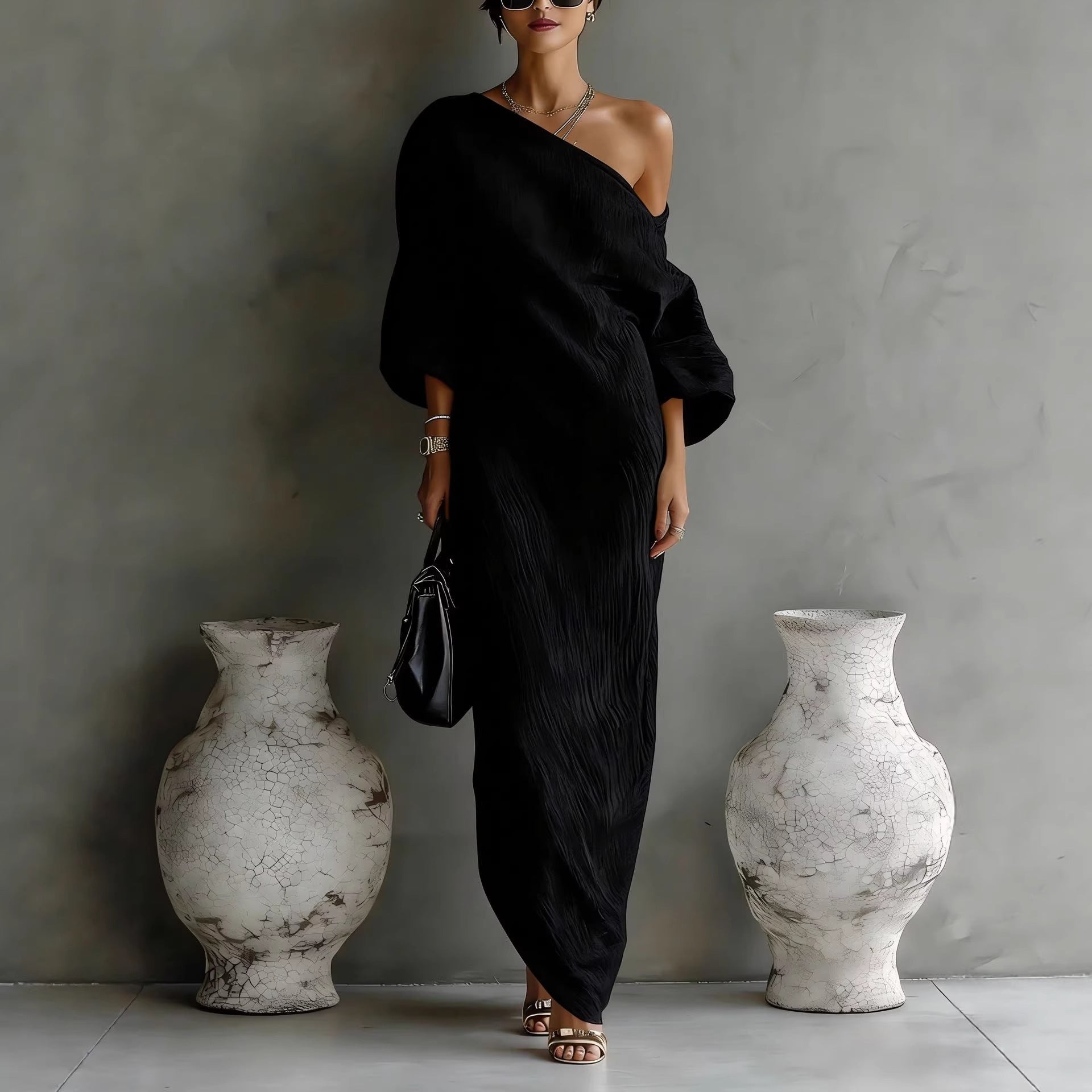 Women's Gray Slanted Neckline Lantern Sleeve Loose Fit Maxi Dress