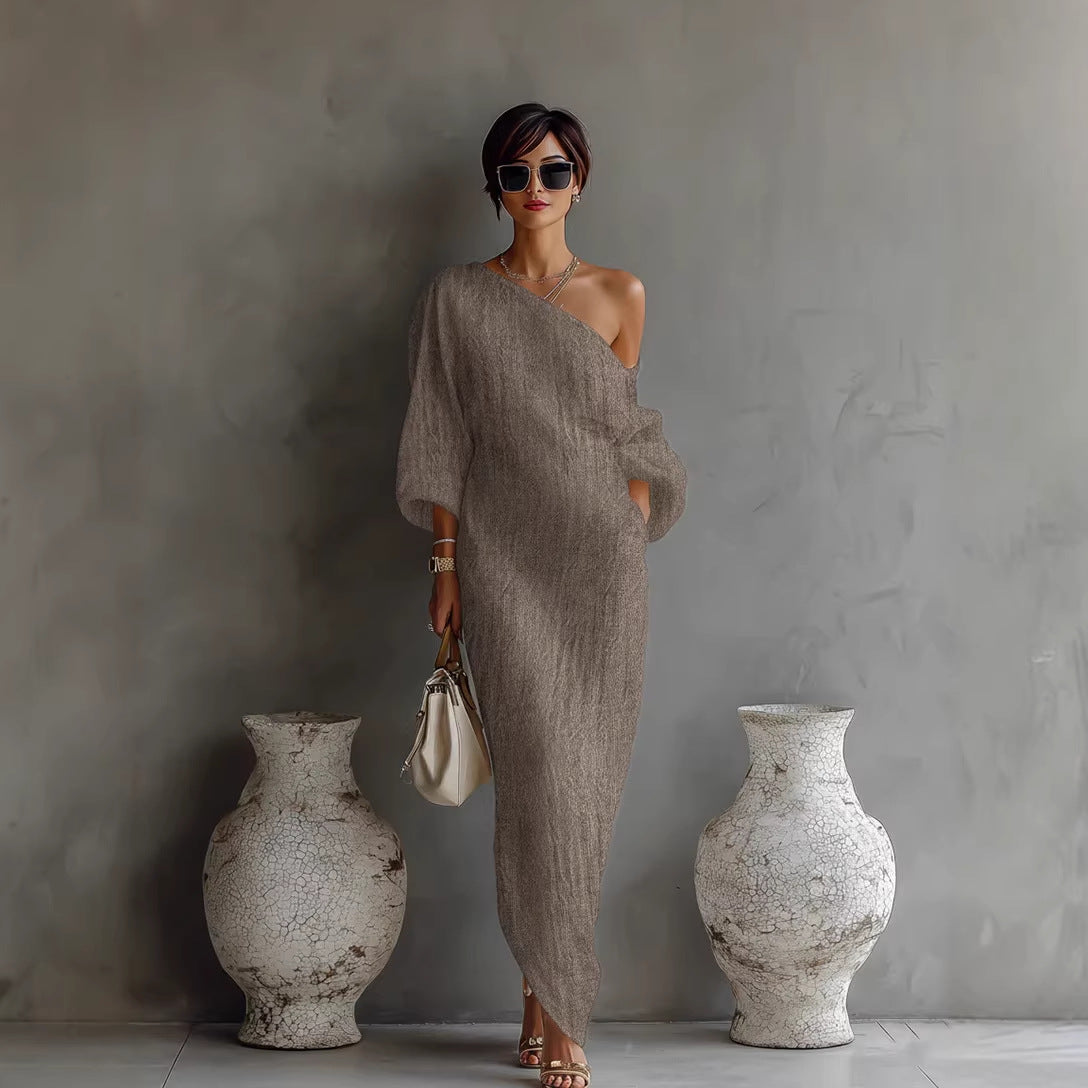 Women's Gray Slanted Neckline Lantern Sleeve Loose Fit Maxi Dress