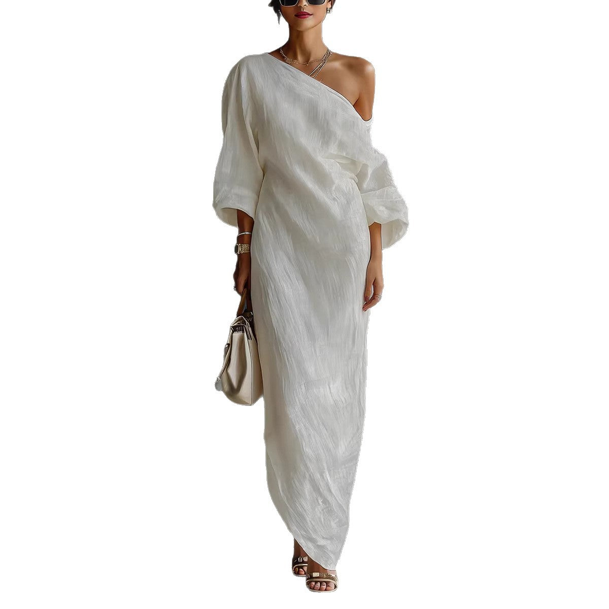 Women's Gray Slanted Neckline Lantern Sleeve Loose Fit Maxi Dress