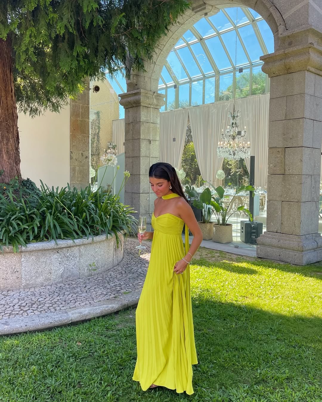 Women's Yellow Pleated Strapless Maxi Wedding Guest Dress