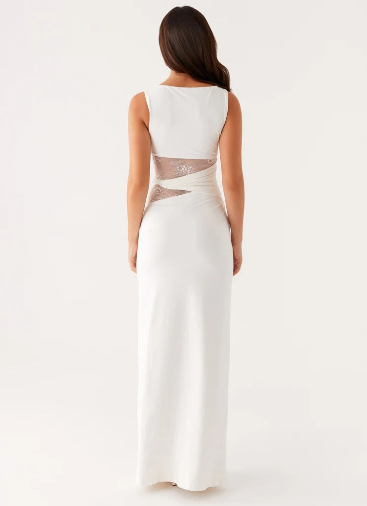 Women's Black Sleeveless Scoop Neck Mesh Cutout Fitted Maxi Evening Dress