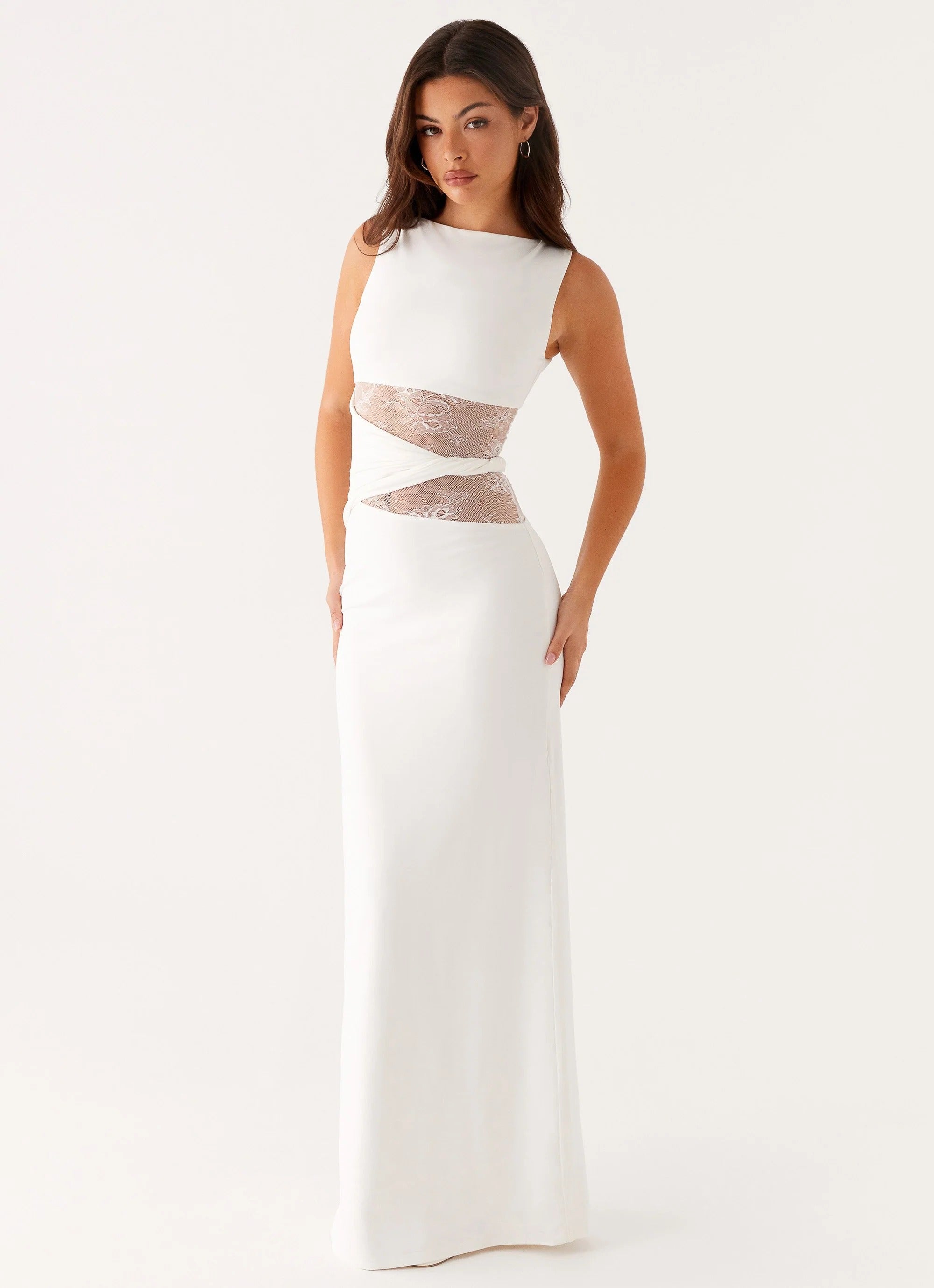 Women's Black Sleeveless Scoop Neck Mesh Cutout Fitted Maxi Evening Dress
