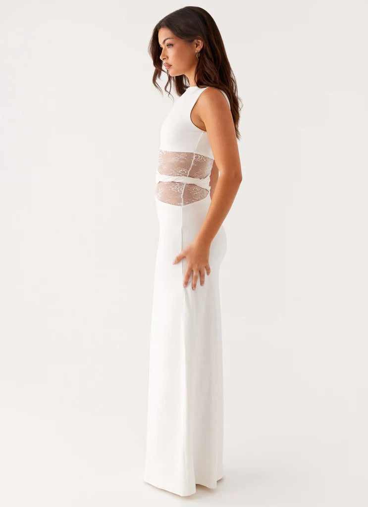 Women's Black Sleeveless Scoop Neck Mesh Cutout Fitted Maxi Evening Dress