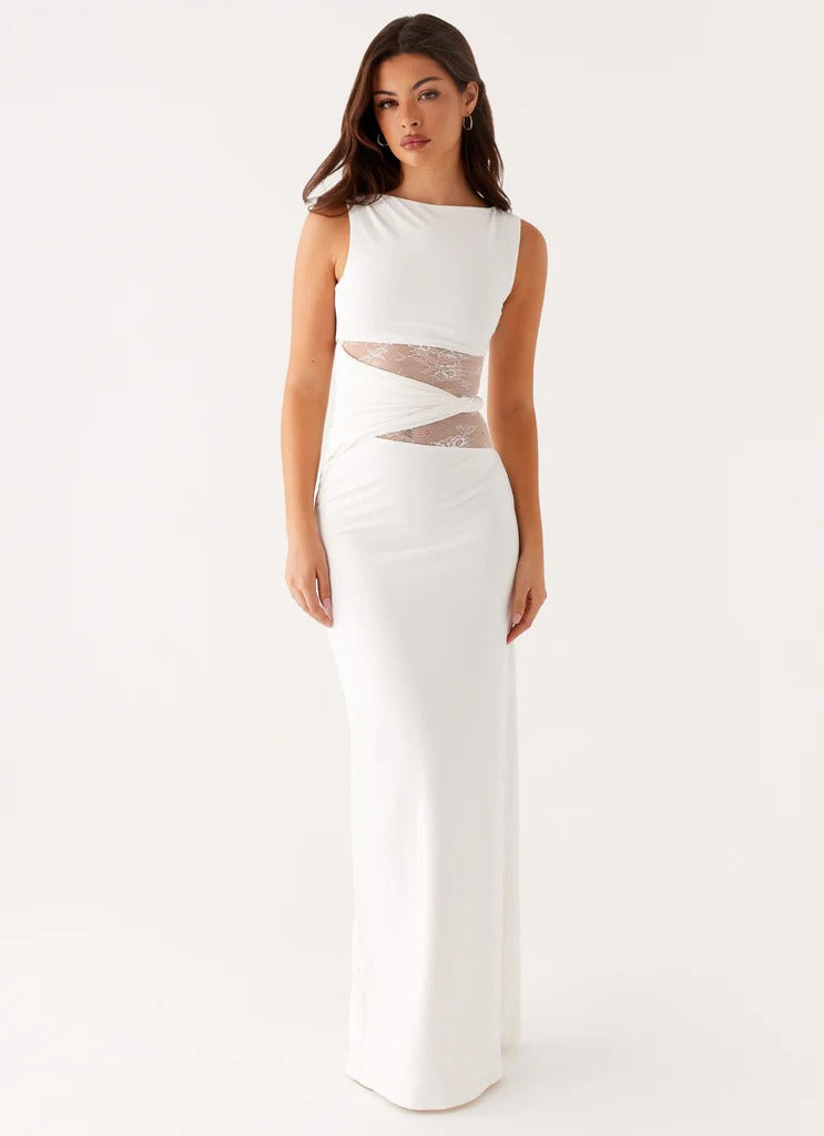 Women's Black Sleeveless Scoop Neck Mesh Cutout Fitted Maxi Evening Dress