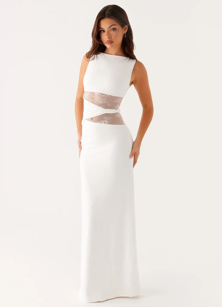 Women's Black Sleeveless Scoop Neck Mesh Cutout Fitted Maxi Evening Dress