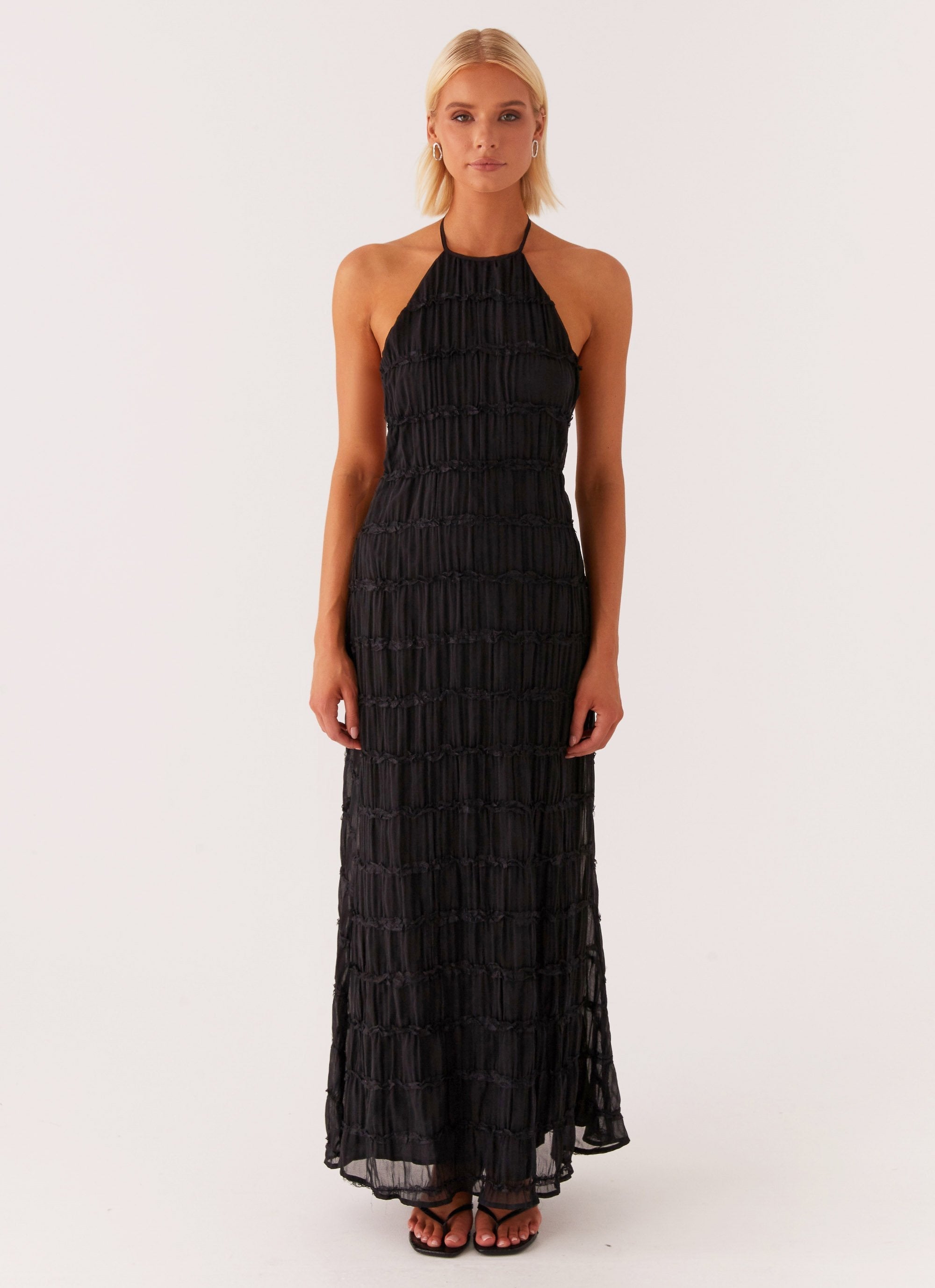 Women's Black Halter Neck Open Back Textured Maxi Evening Dress Wedding Guest