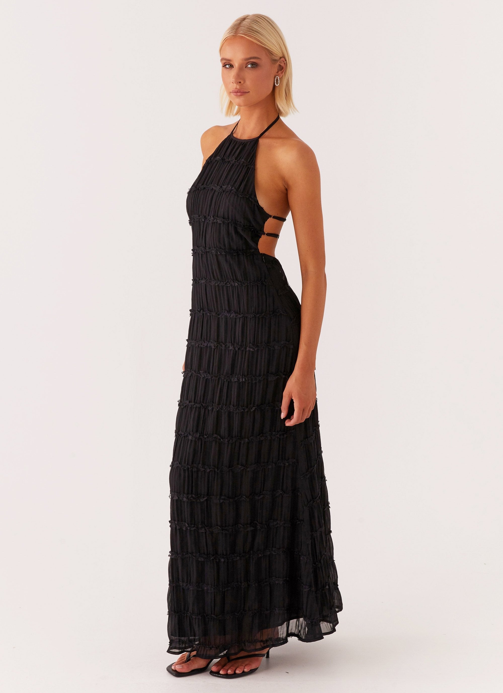 Women's Black Halter Neck Open Back Textured Maxi Evening Dress Wedding Guest