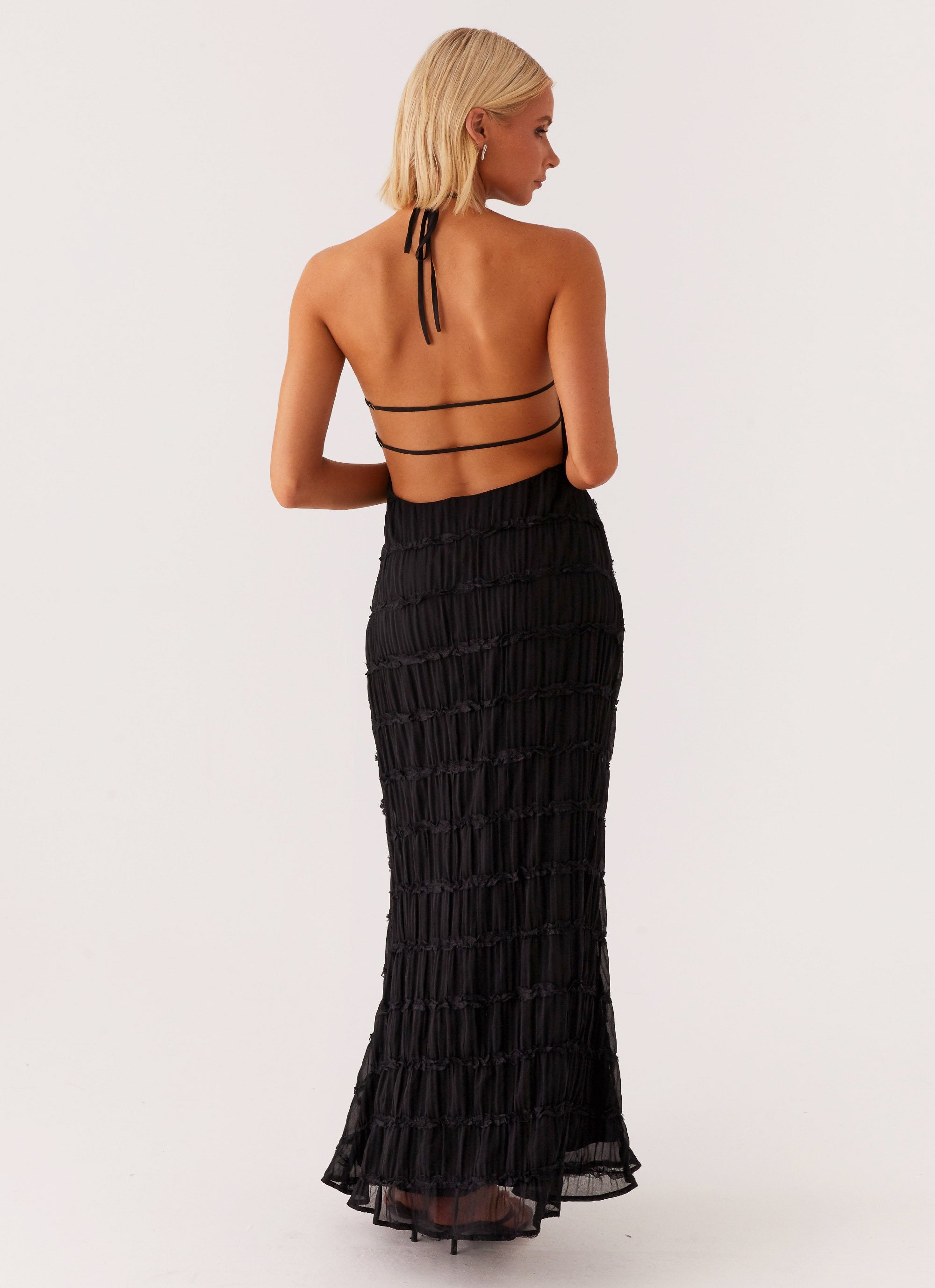 Women's Black Halter Neck Open Back Textured Maxi Evening Dress Wedding Guest
