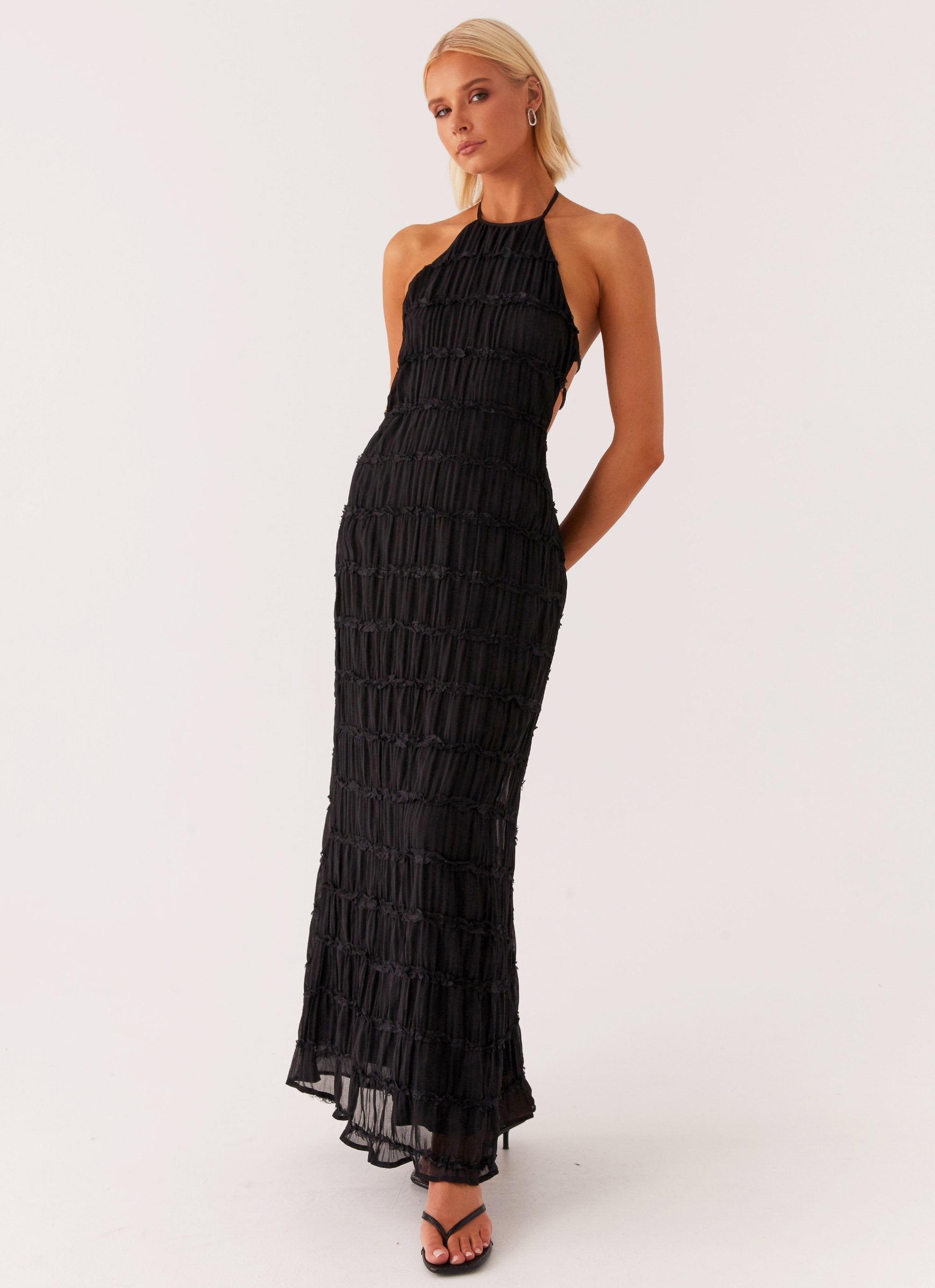 Women's Black Halter Neck Open Back Textured Maxi Evening Dress Wedding Guest