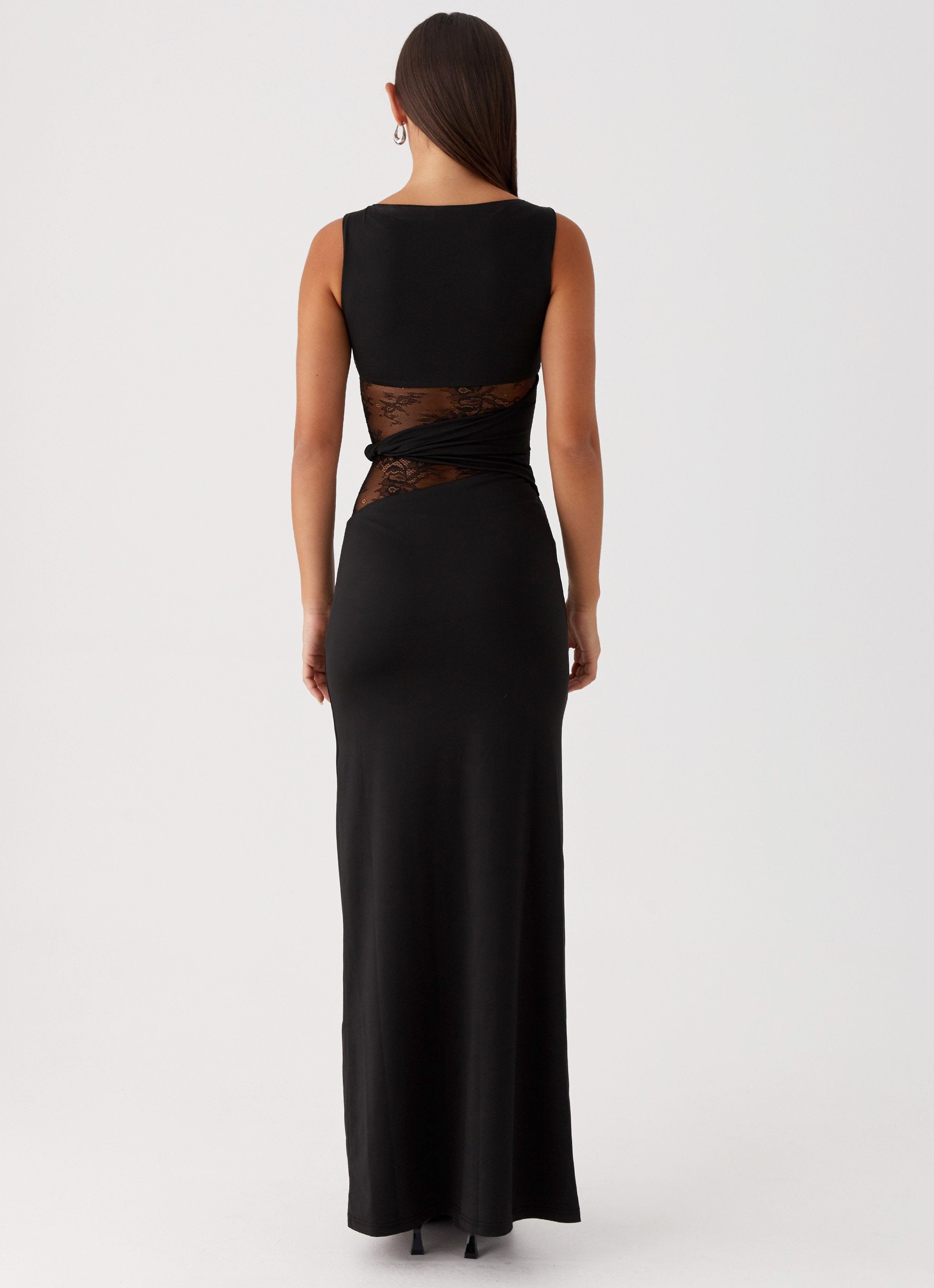 Women's Black Sleeveless Scoop Neck Mesh Cutout Fitted Maxi Evening Dress