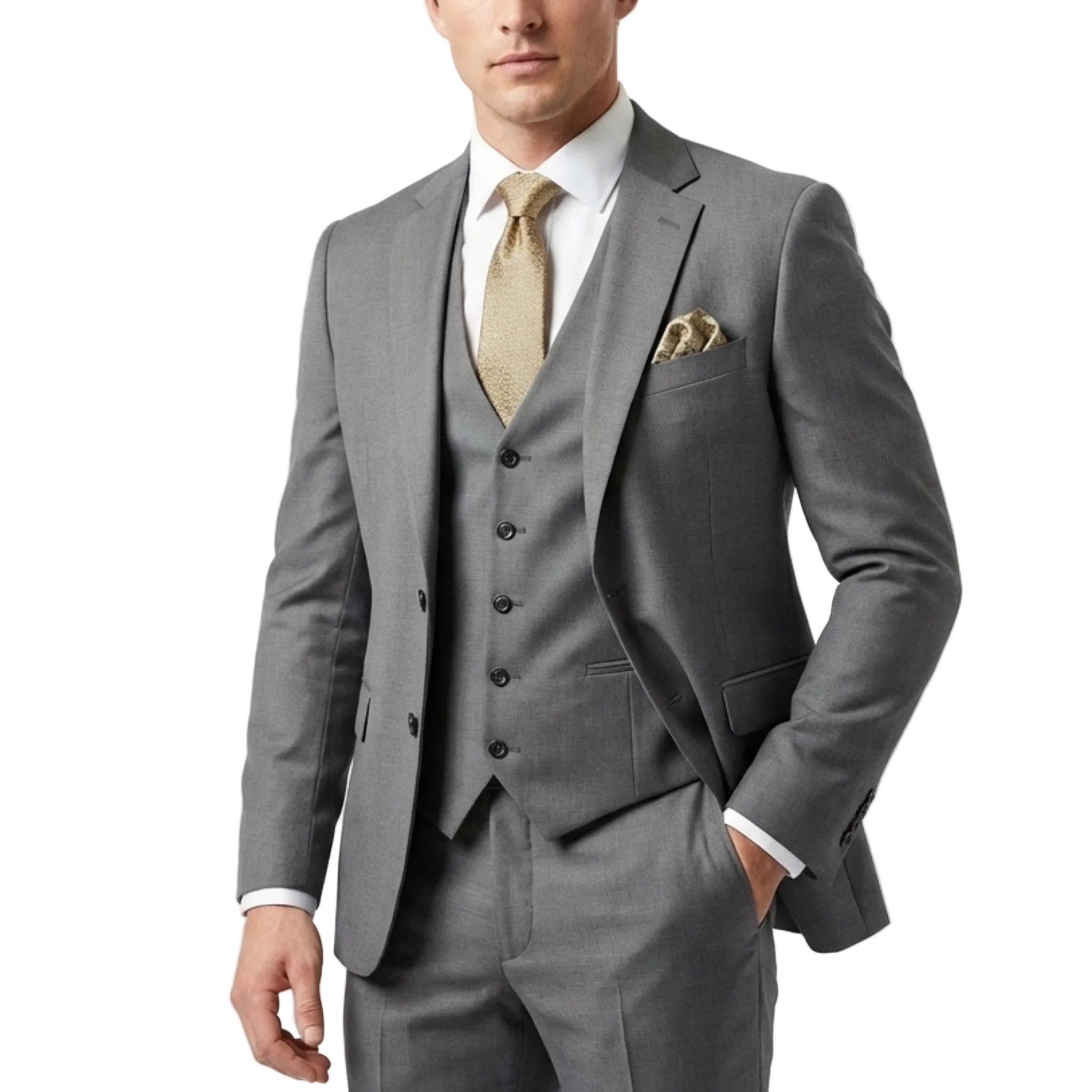 Men's woven fabric 3-piece suit, worn view