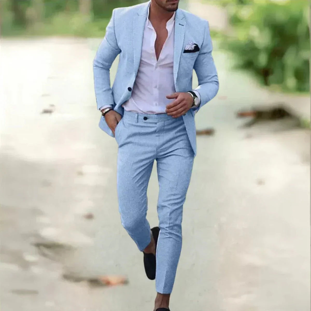 Men's two-piece tailored fit wedding suit, trousers view