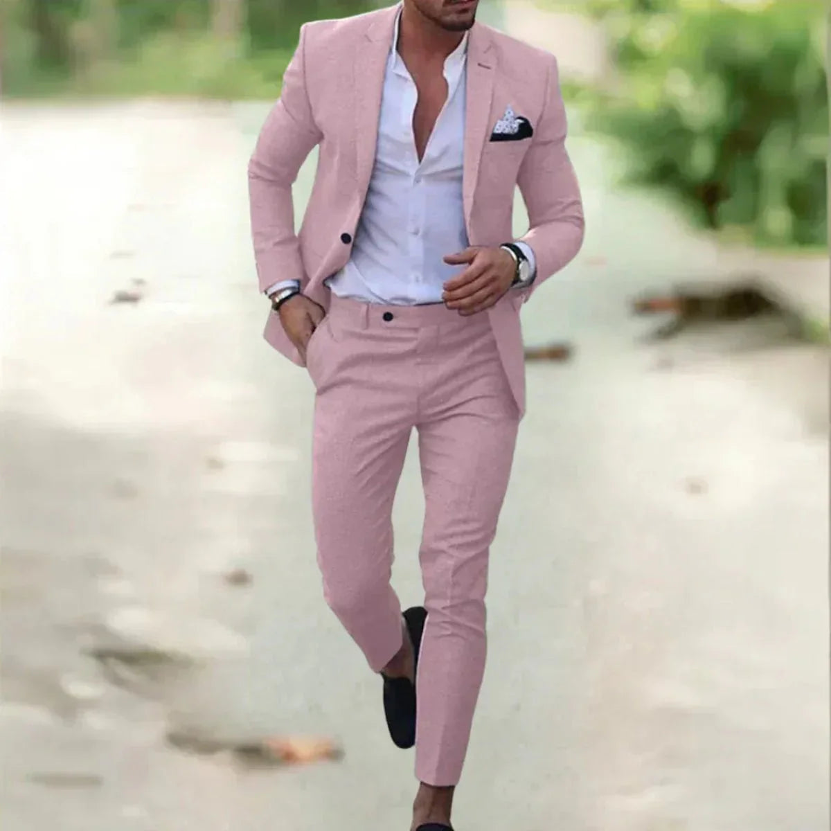 Men's two-piece tailored fit wedding suit, full length view