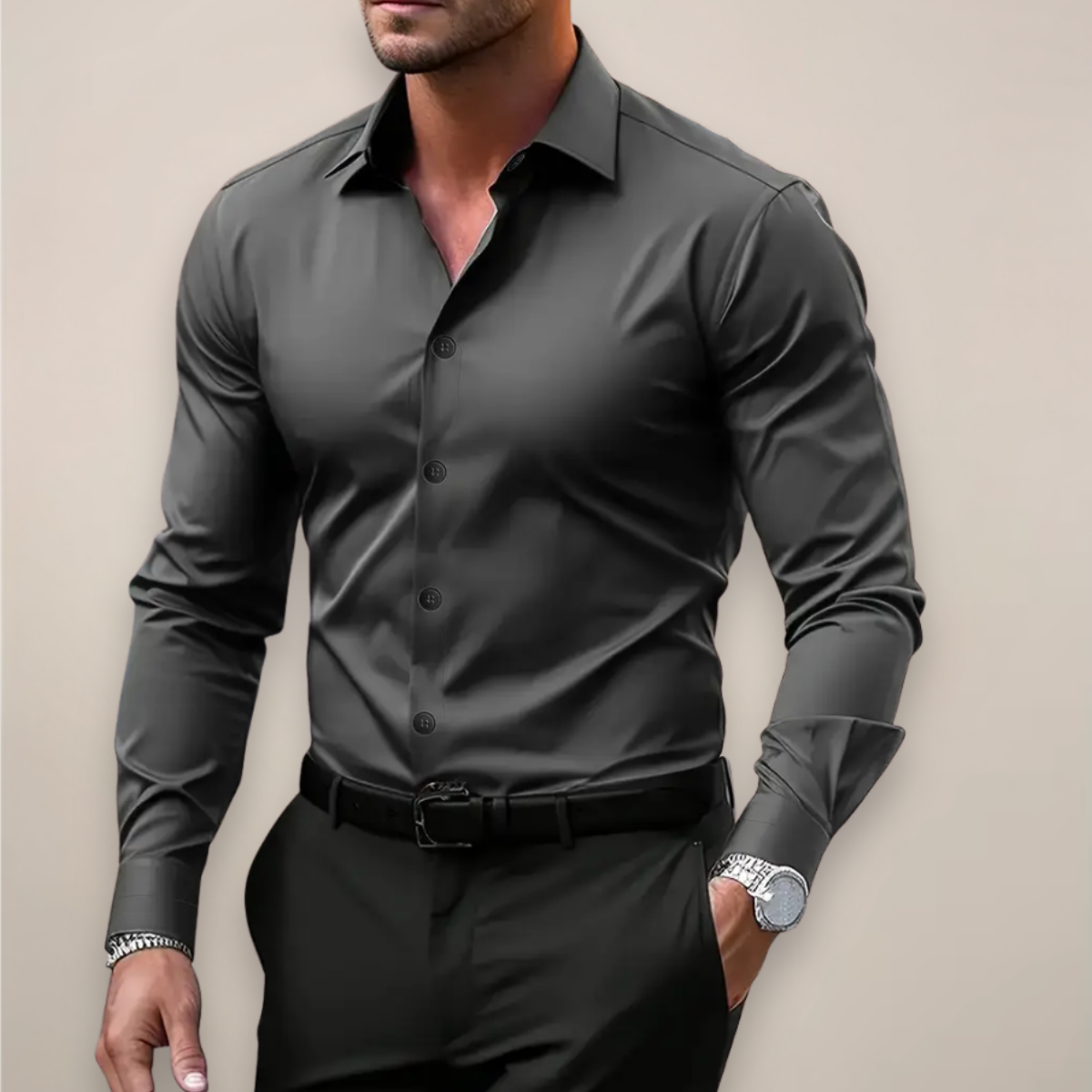 Men's regular fit dress shirt, side view