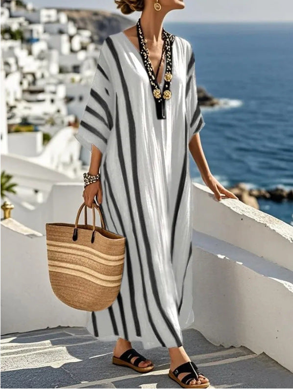 Women's Striped V-Neck Kaftan Batwing Sleeve Maxi Dress Boho Beach Resort